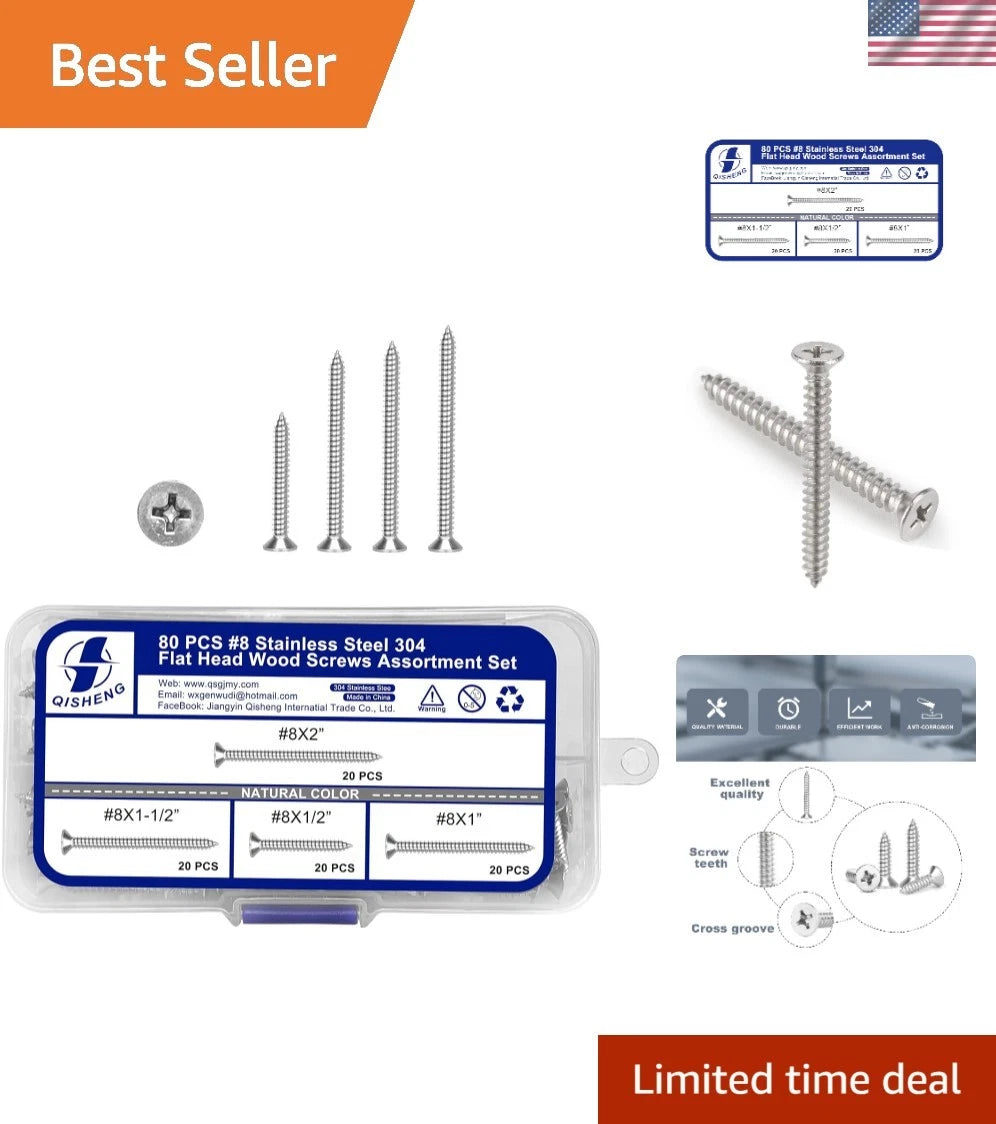 80 PCS Flat Head Stainless Steel Wood Screws Set for Home Projects