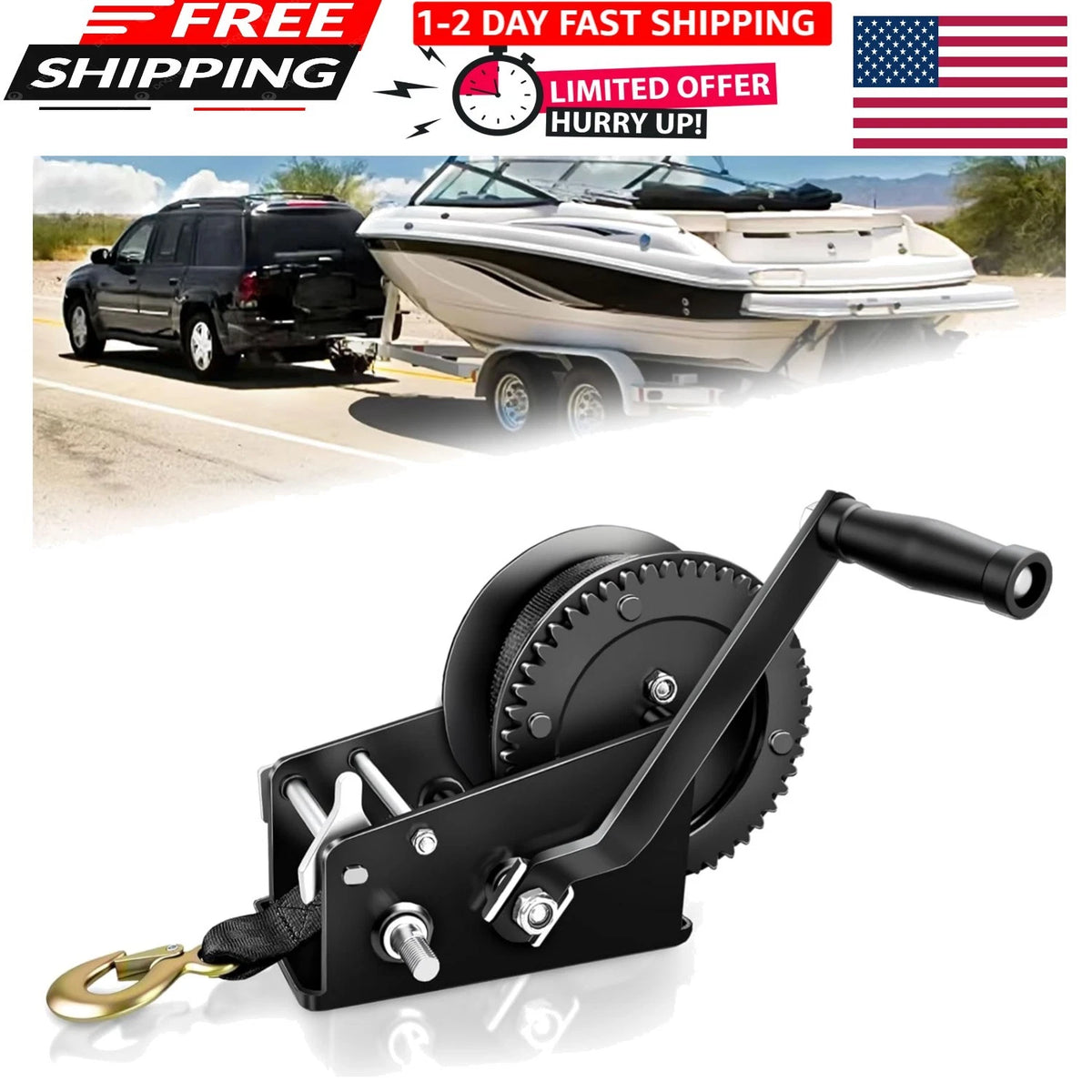 3500lbs Heavy Duty Boat Trailer Winch with 32FT Strap