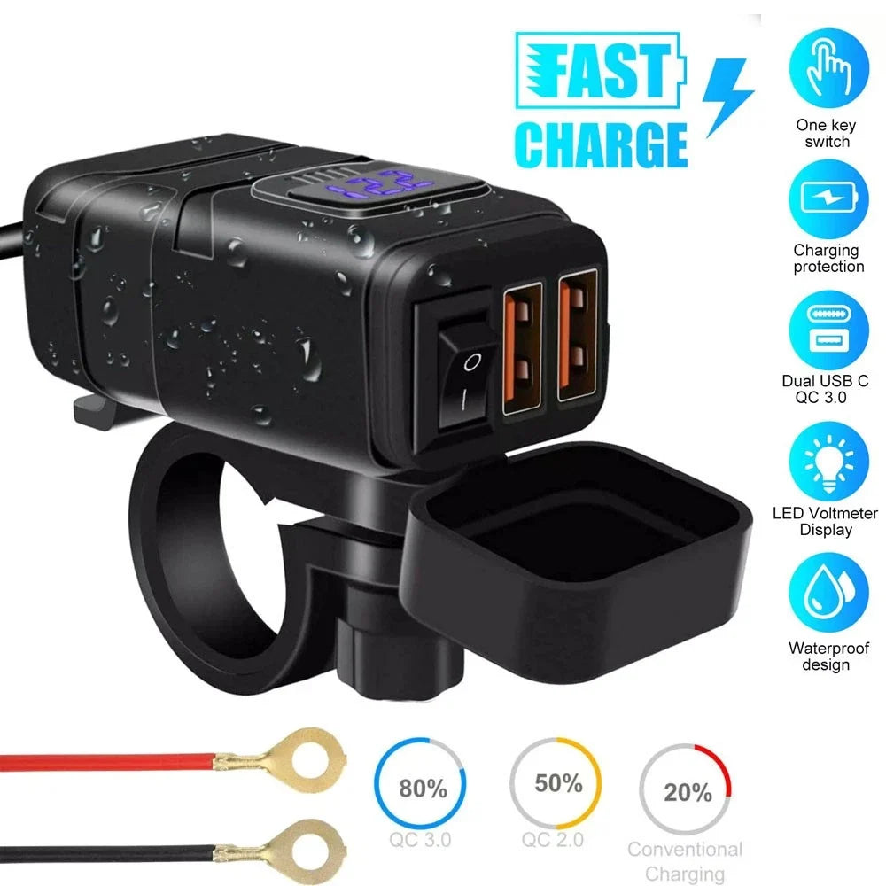 Dual USB QC3.0 Charger with Blue LED Voltmeter for Motorcycle (Universal)