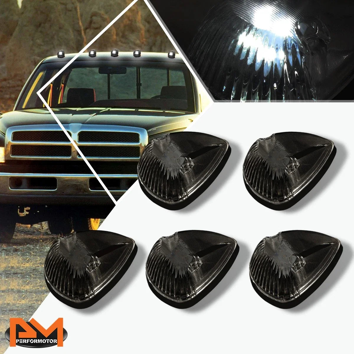 5Pcs Cab Roof Running Light Smoked Housing White LED for Dodge Ram (1994–1998)