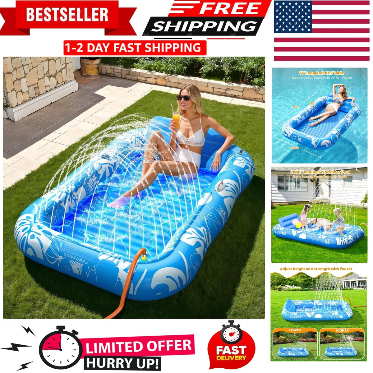 6 in 1 Inflatable Tanning Lounge with Sprinkler, Pillow, Cup Holder