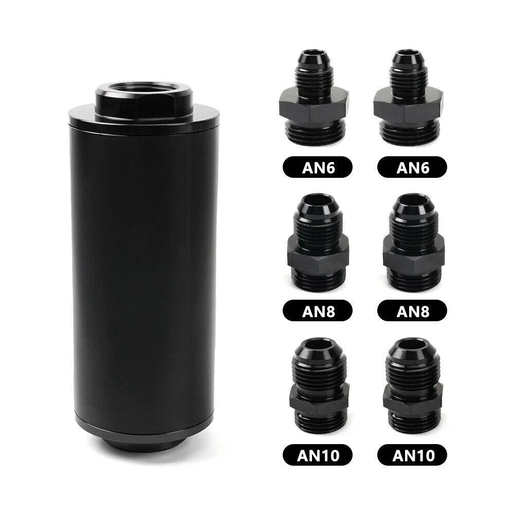 Inline Fuel Filter 50mm 100 Micron High Flow Turbo 6AN 8AN 10AN Adapter for