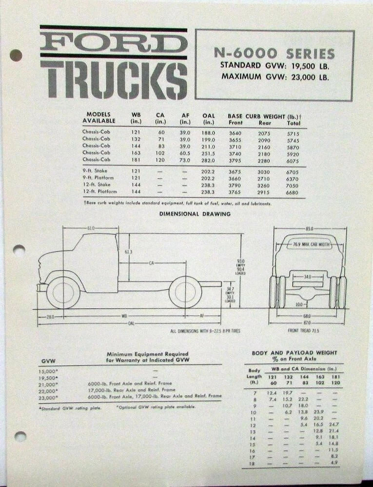 1963 Ford N-6000 Series Chassis Cab Stake Platform Truck Spec Folder