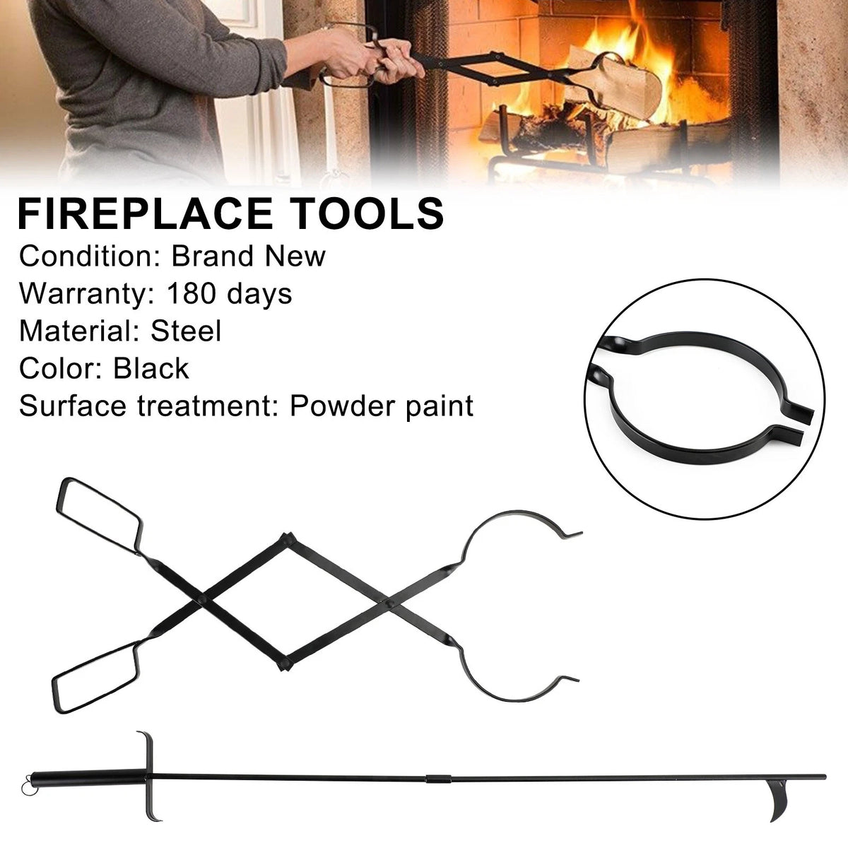 2X Hearth Tool Fireplace Set for Campfire Tongs Fire Hook Black