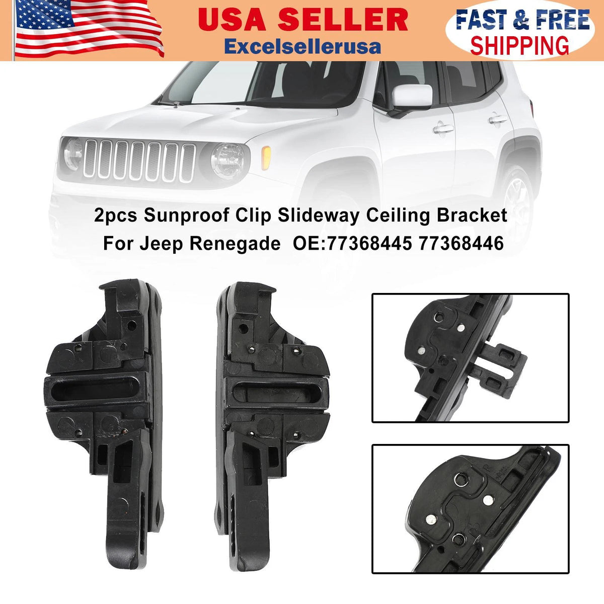 2X Sunproof Clip Slideway Ceiling Bracket for Jeep Renegade (77368445, 77368446)