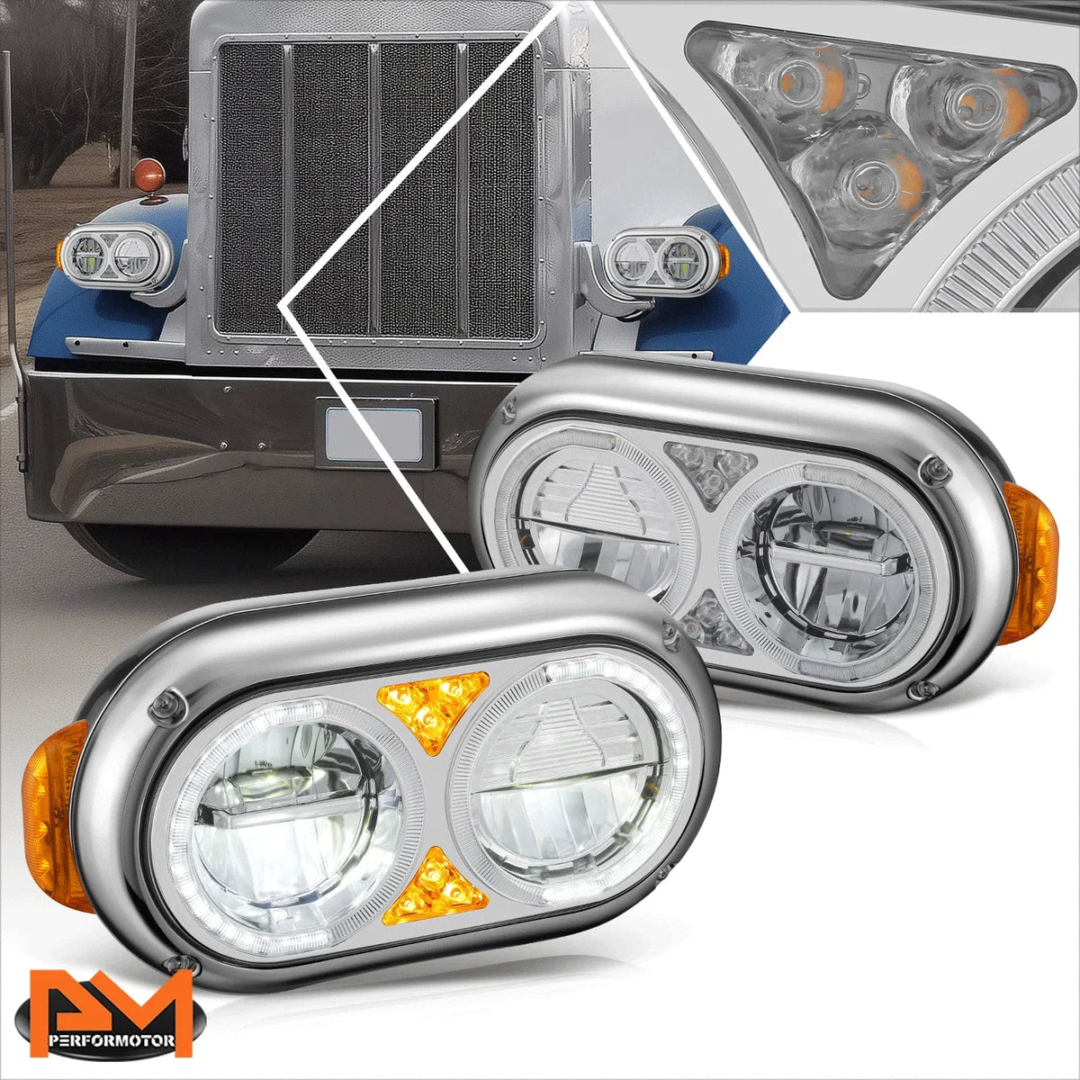 Full LED Turn Signal Headlights for Peterbilt 359 379 389 (1981–2021)