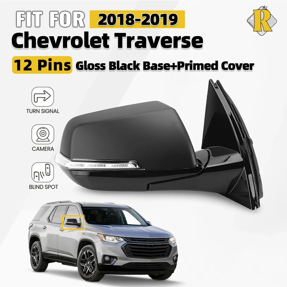 Side Mirror for Chevy Traverse (2018–2019) W/BSD, Camera, Turn Signal, 12Pin Right