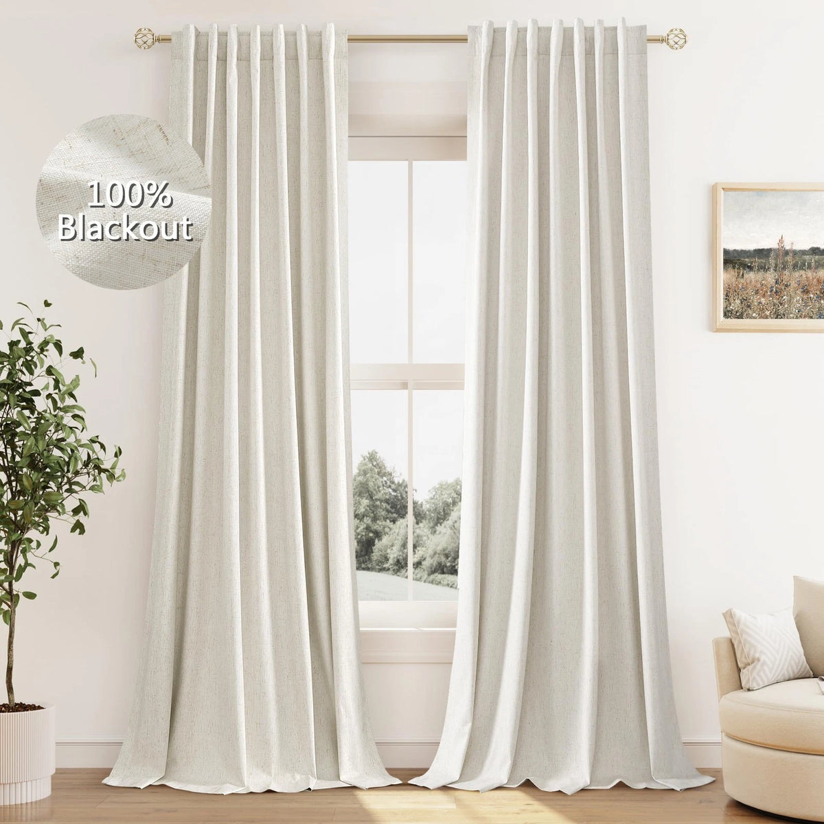 Pack of 2 Cream Linen Blackout Curtains 84" x 52" for Home Decor