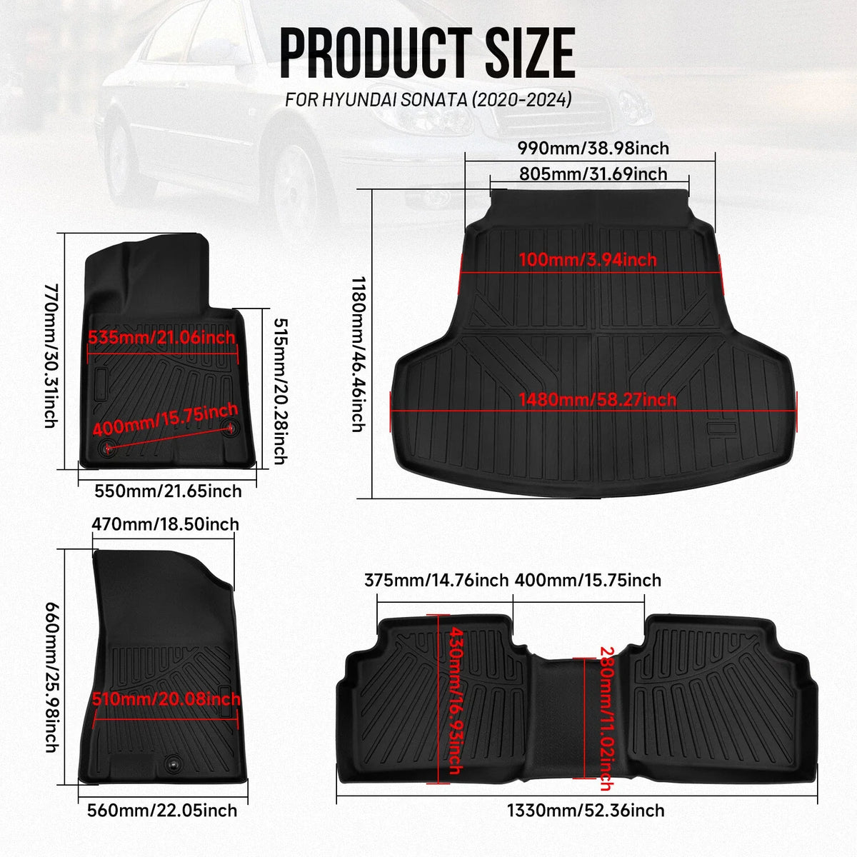 Set of 4 Floor Mats + Cargo Liner for Hyundai Sonata/Kia K5 (2020–2025)