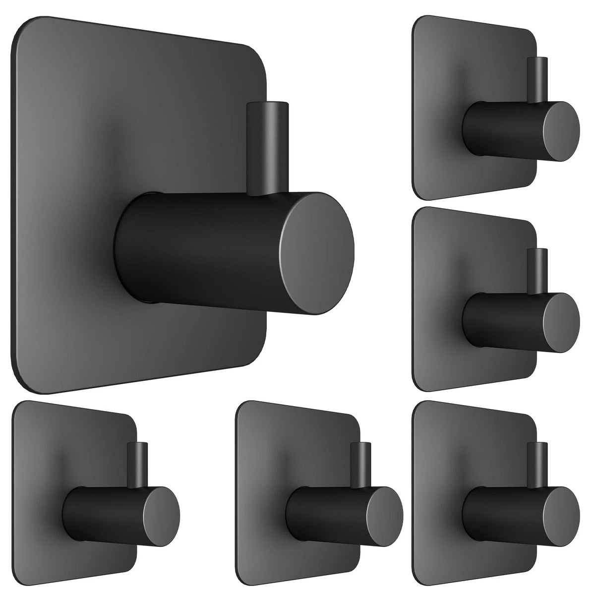 Set of 6 Adhesive Wall Hooks for Universal Use - Waterproof, Black