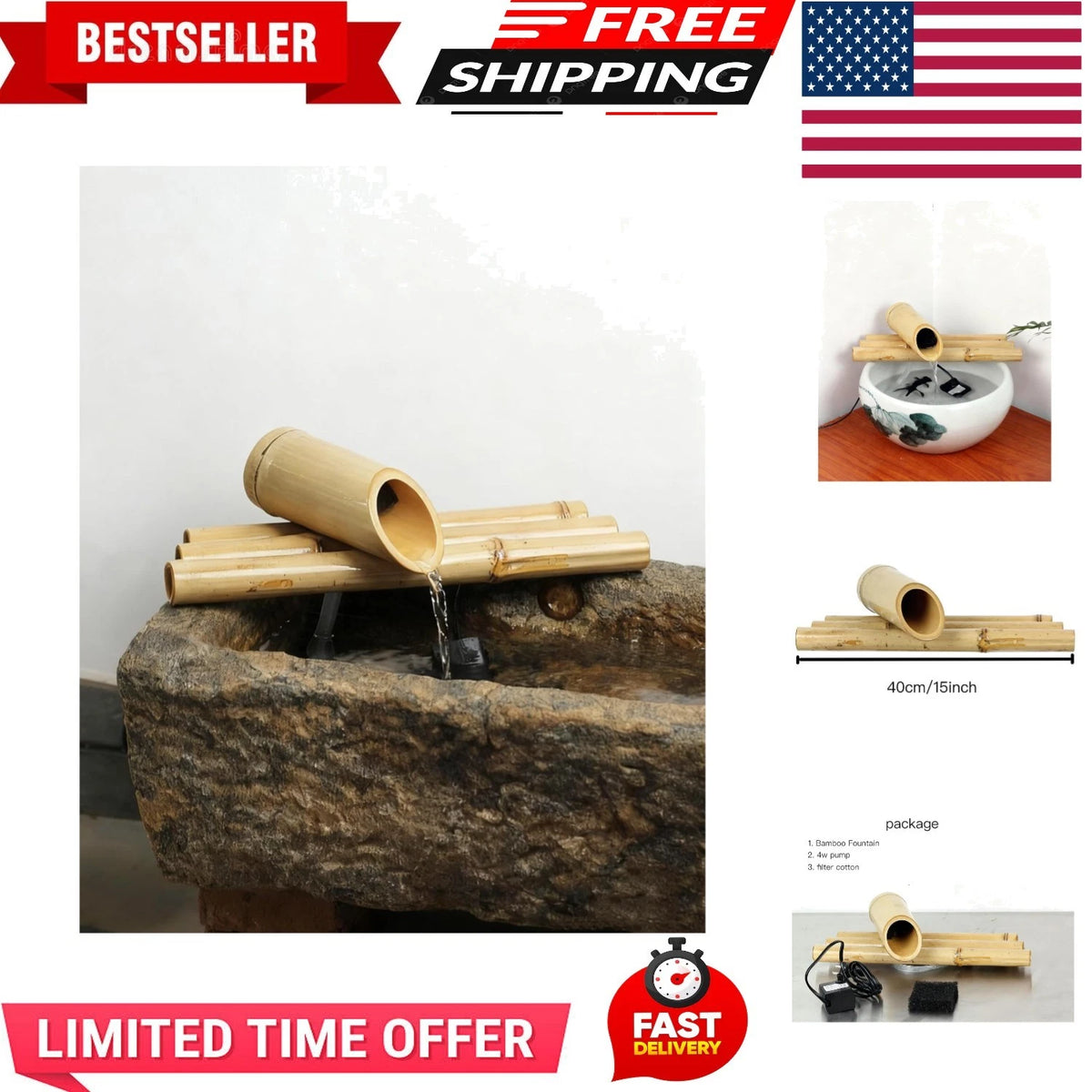 Bamboo Water Fountain with Pump for Backyard Deck Patio Decor