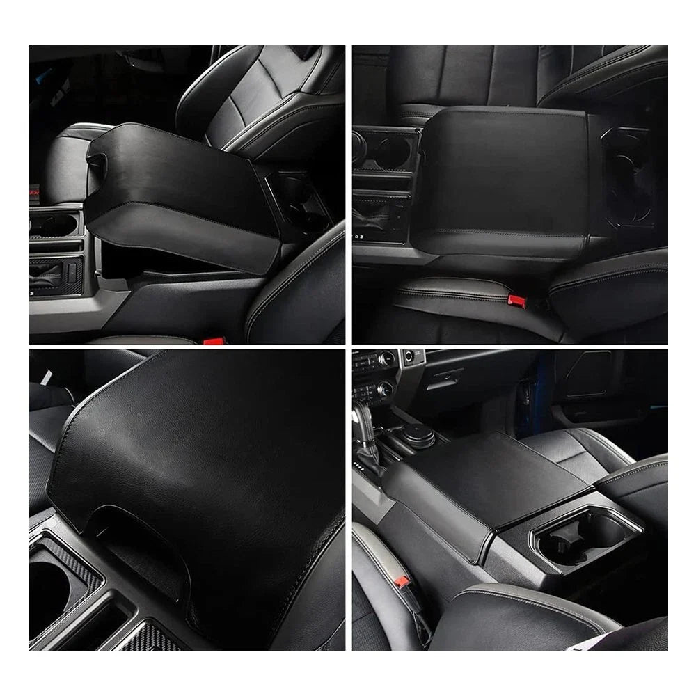 Black Leather Center Armrest Console Lid Cover for Ford F150 (2015–2020)