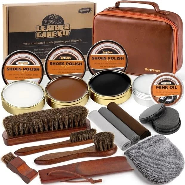Shoe Shine Kit for Leather Care & Polish (15-in-1, Black/Brown/Neutral)