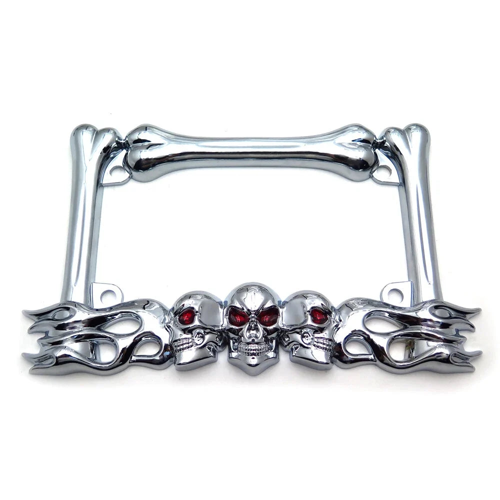 Skull & Flame License Plate Frame for Motorcycle (Chrome)
