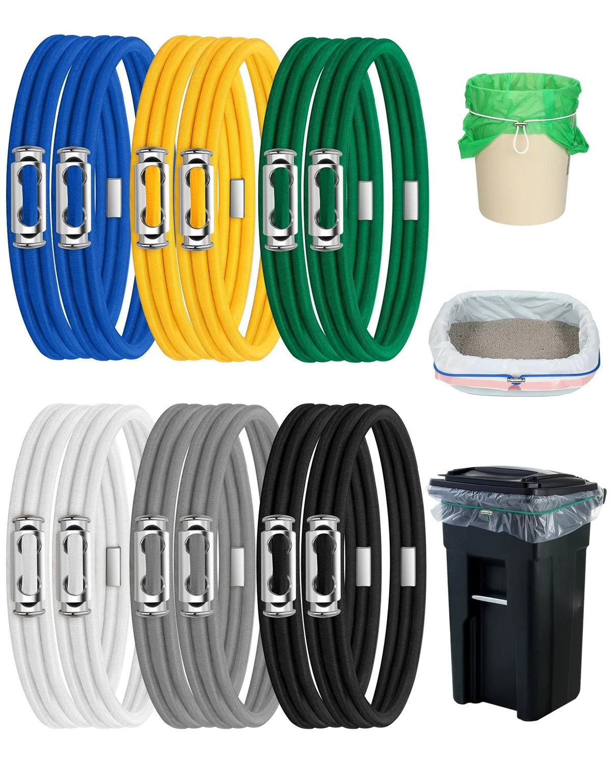 12X Garbage Can Bands Cord Set (Black, Grey, White, Blue, Green, Yellow)