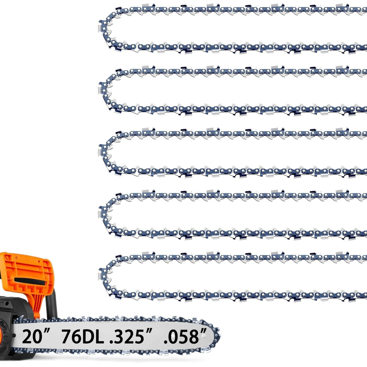5 Pack 20 Inch Chainsaw Chain .325" Pitch .058" Gauge 76 Drive Links