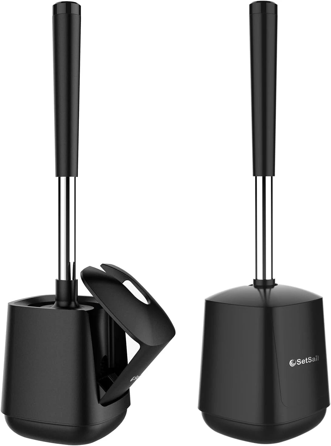 Set of 2 Toilet Brushes with Holder, Self Closing Lid, Black