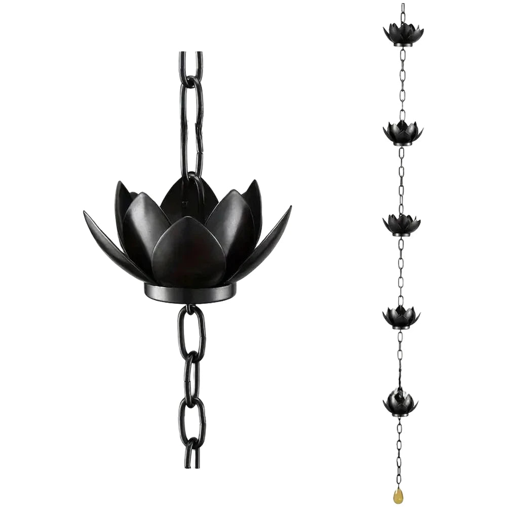 Lotus Design Rain Chain for Outdoor Garden (130cm, Iron, Black)