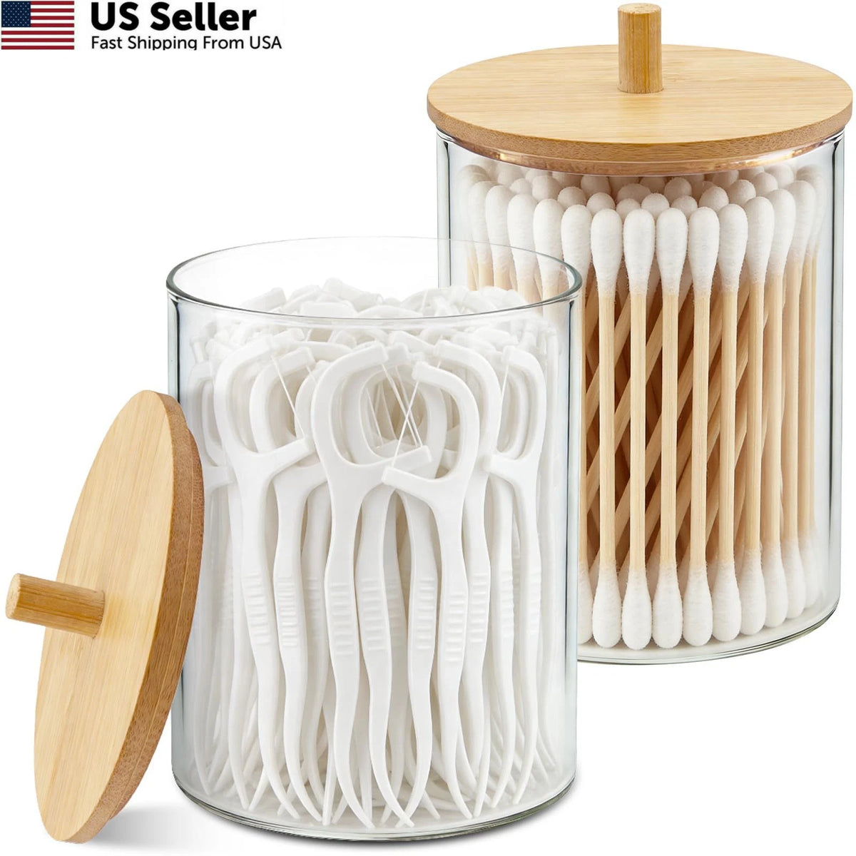 Set of 2 Glass Qtip Holders with Bamboo Lid