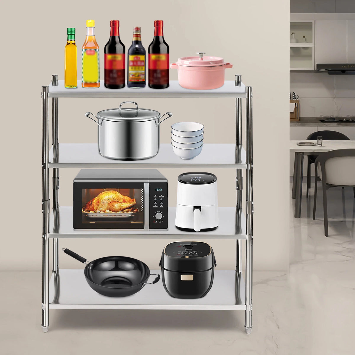 4-Tier Stainless Steel Shelving for Adjustable Storage (No Part Numbers)