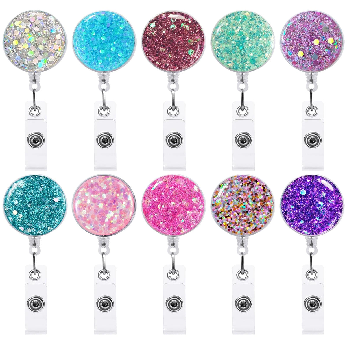 10 Pack Retractable Badge Holders - Rose Red, Pink, Silver, Fluorescent Green, Blue