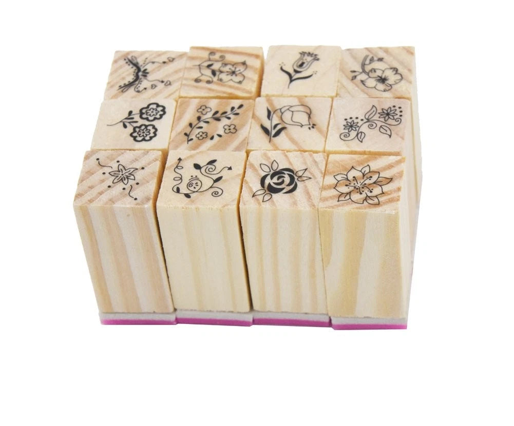Set of 12 Mini Cute Wooden Rubber Stamps for Crafting
