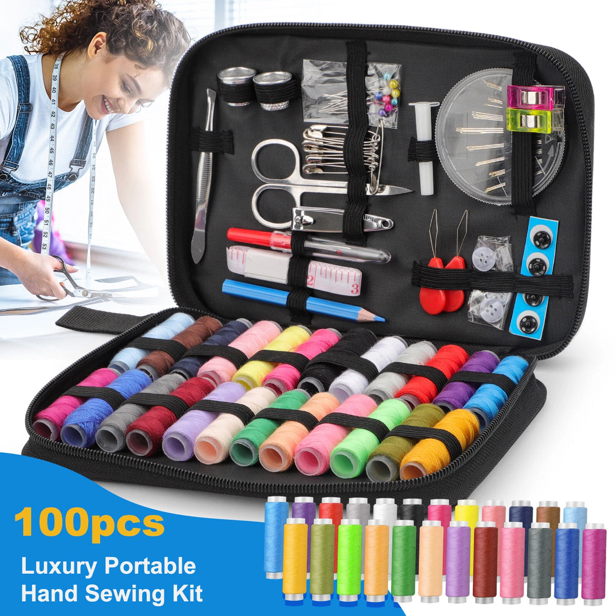 Travel Sewing Kit - 100pcs with Threader, Needle, Tape Measure, Scissor, Thimble