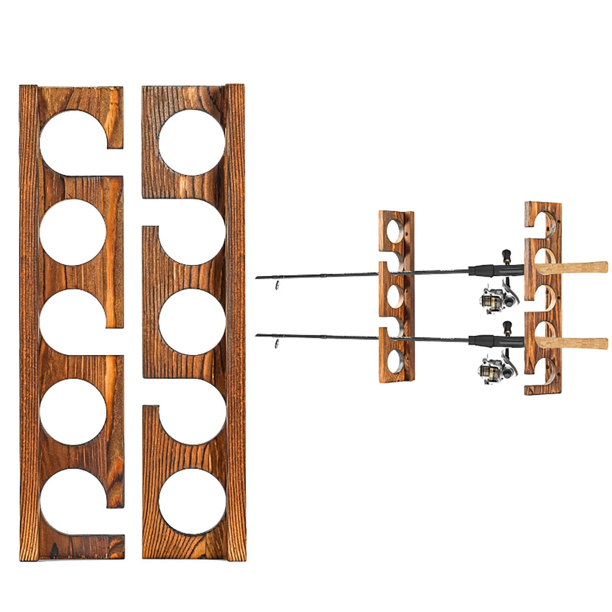 5X Fishing Rod Holder for Wall, Solid Wood, Charred Finish