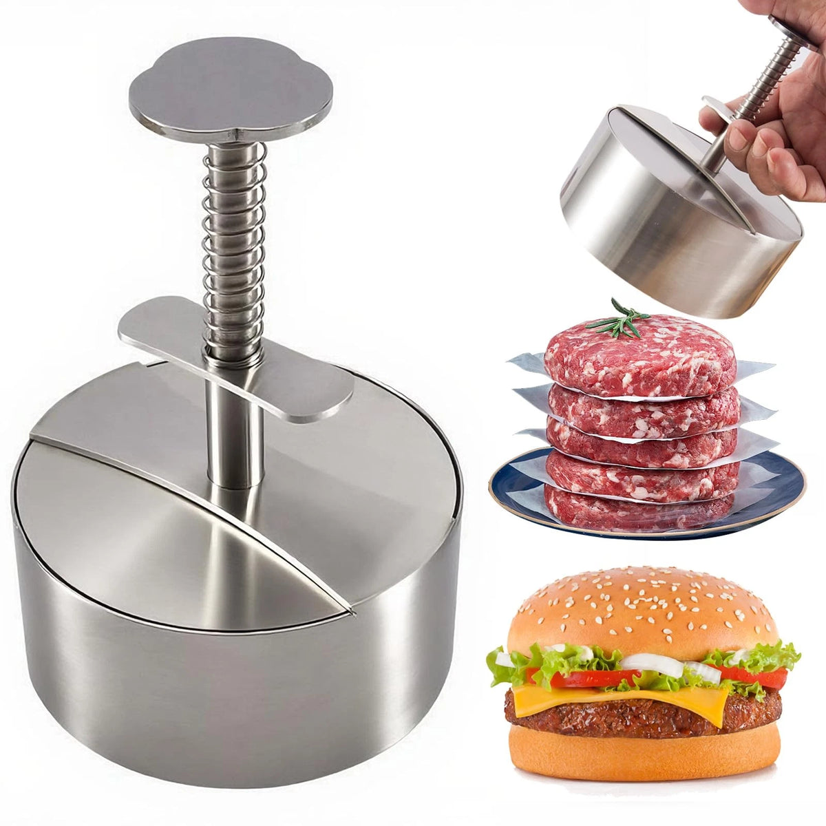 Stainless Steel Burger Press for Heavy Duty Adjustable Patty Maker