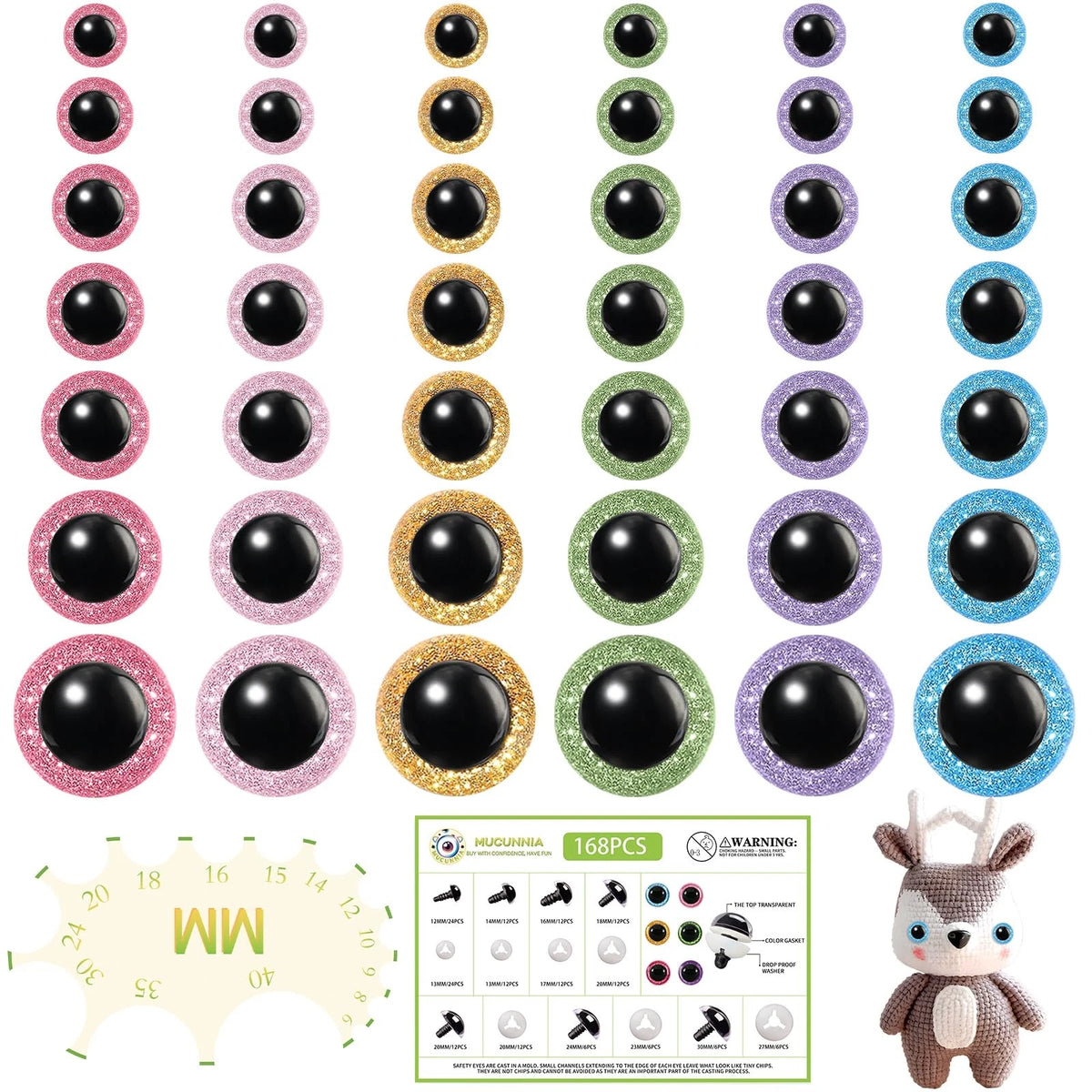 84Pcs Glitter Safety Eyes for Crocheting 12-30mm with Size Tool and Washers