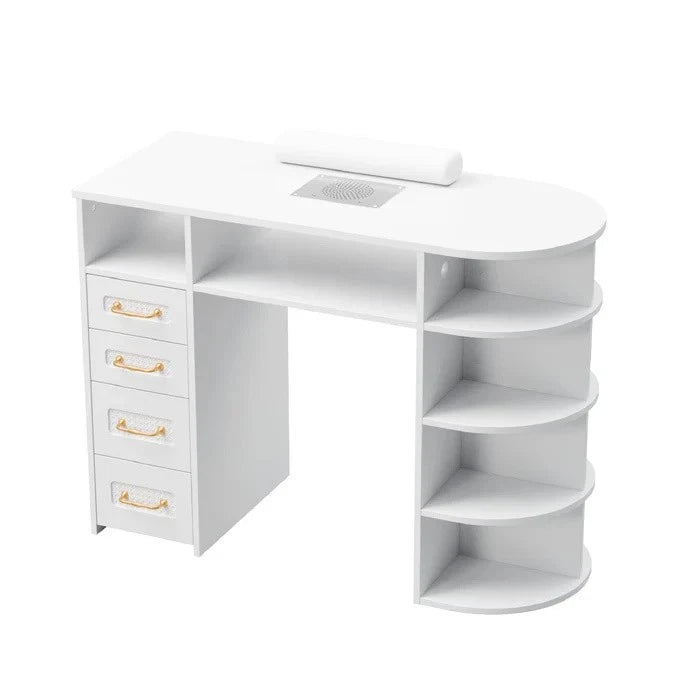Manicure Table for Professional Use - Rattan Decor, Wrist Rest, 4 Drawers