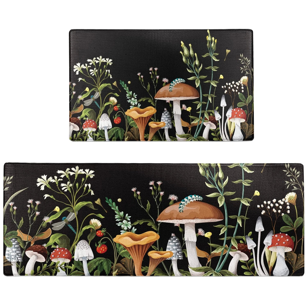 Set of 2 Mushroom Kitchen Rugs for Kitchen (17.5"x29.5" + 17.5"x47")