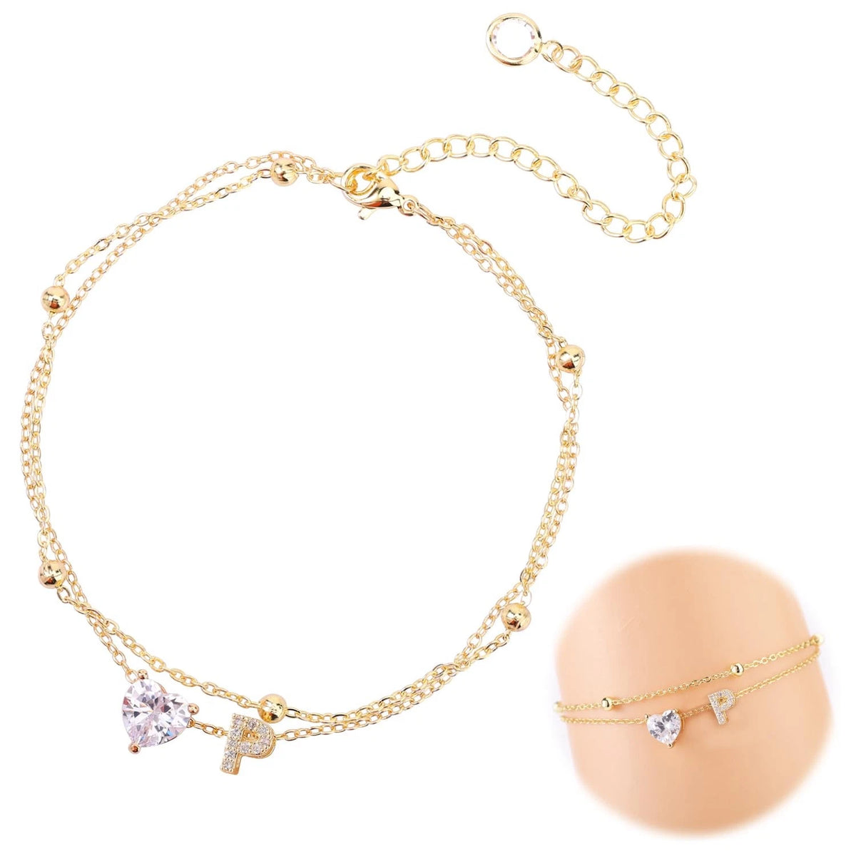 Gold Initial Anklet for Women, Adjustable A-Z, Heart Shaped, 20cm