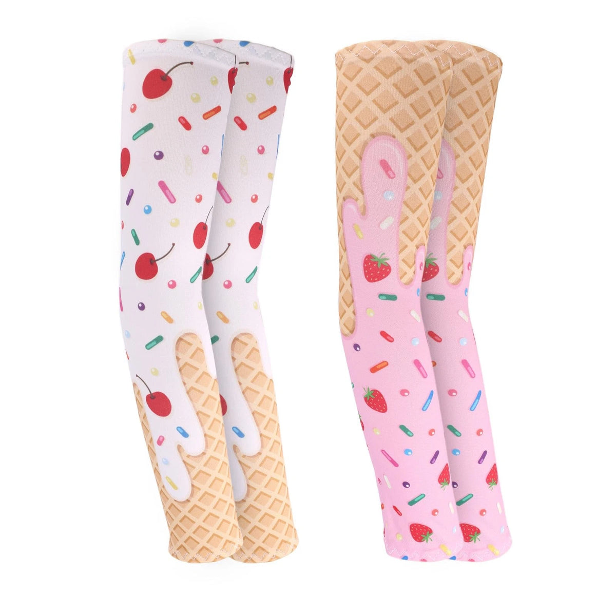 2 Pairs Ice Cream Baseball Arm Sleeves for (Medium, White, Pink)