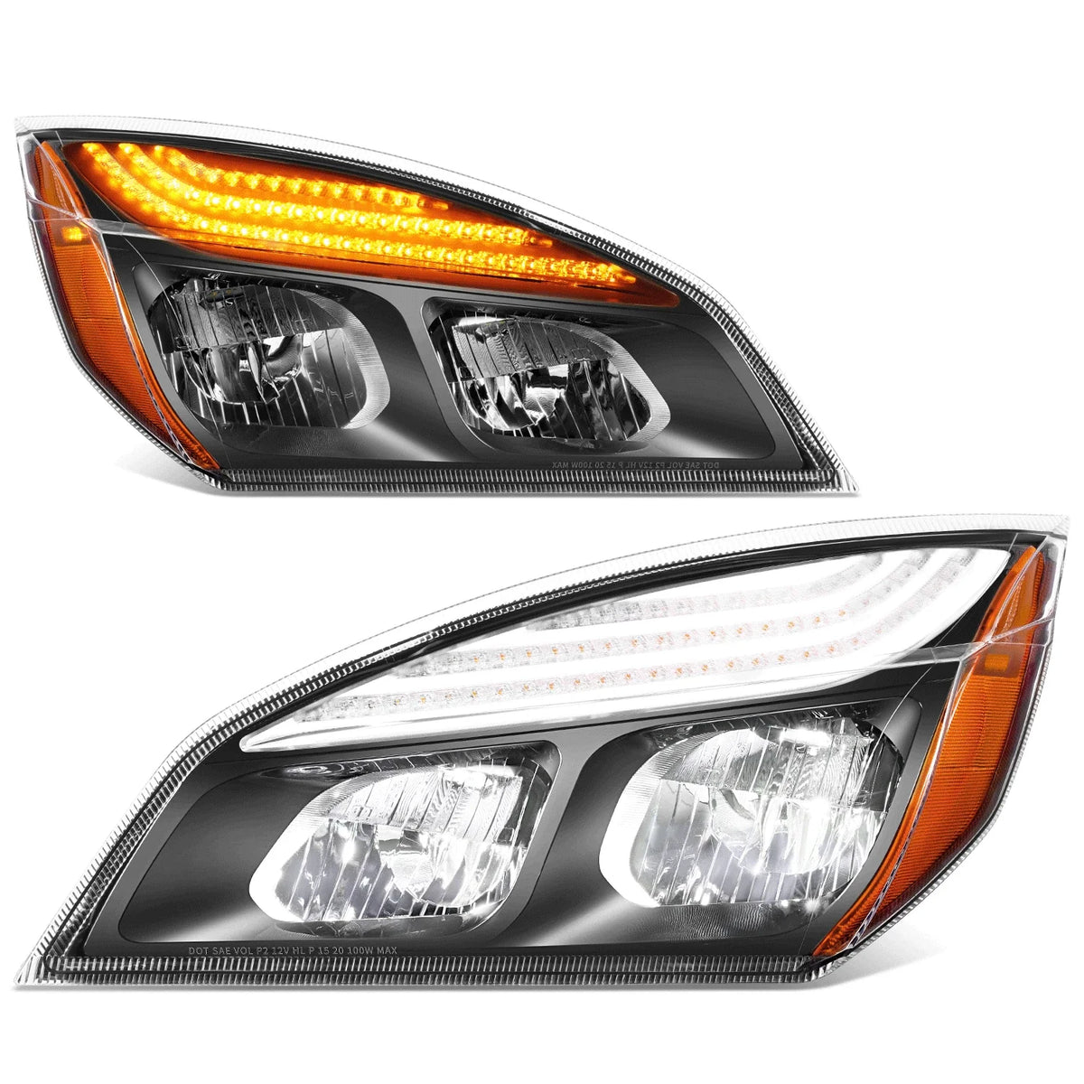 Pair of LED Headlights for Freightliner Cascadia (2018–2024) - Black Housing, Amber Corner