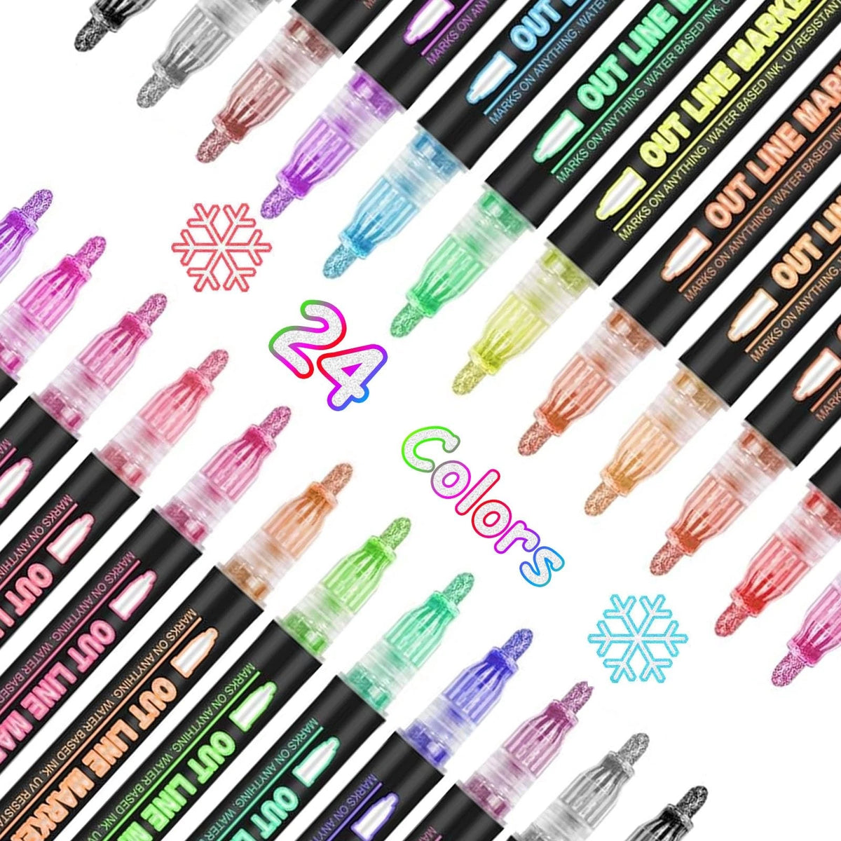 Set of 24 Shimmer Double Line Outline Markers for Drawing