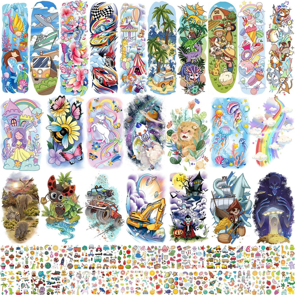 Set of 66 Mixed Size Temporary Tattoos for Kids