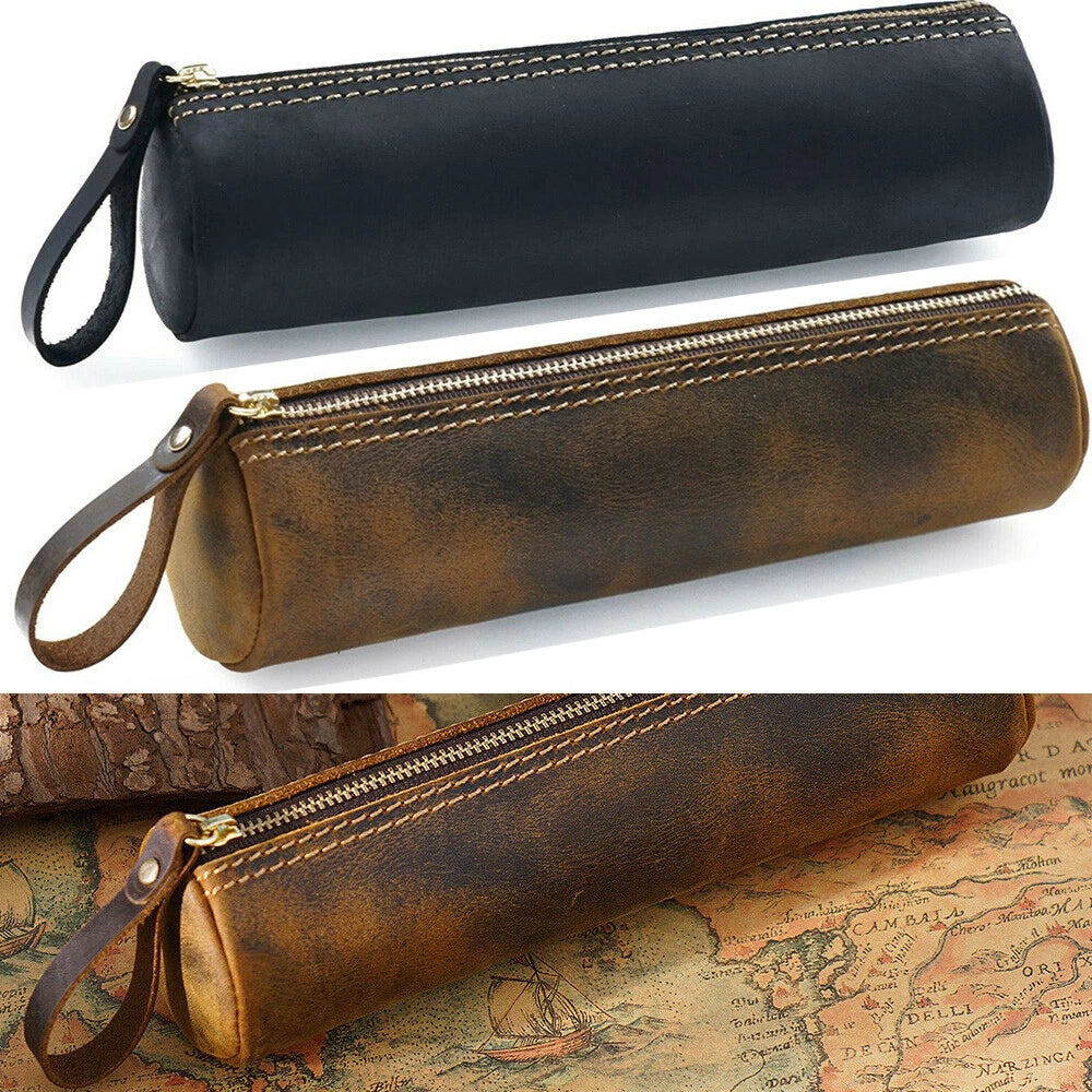 Cowhide Leather Zipper Pencil Case for Stationery Storage (2010–2023)