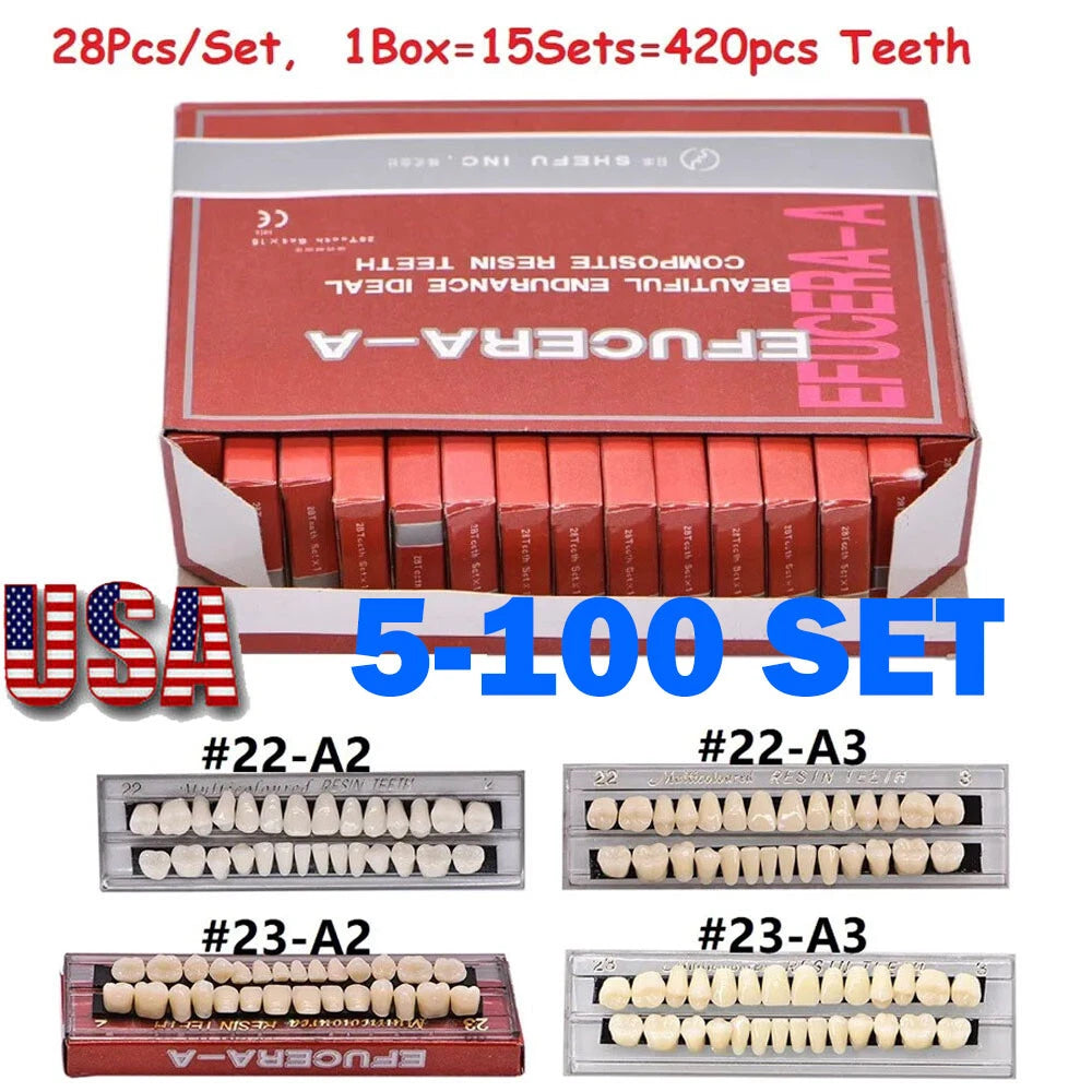 Full Set of Dental Acrylic Resin Dentures Shade A2A3 Upper Lower