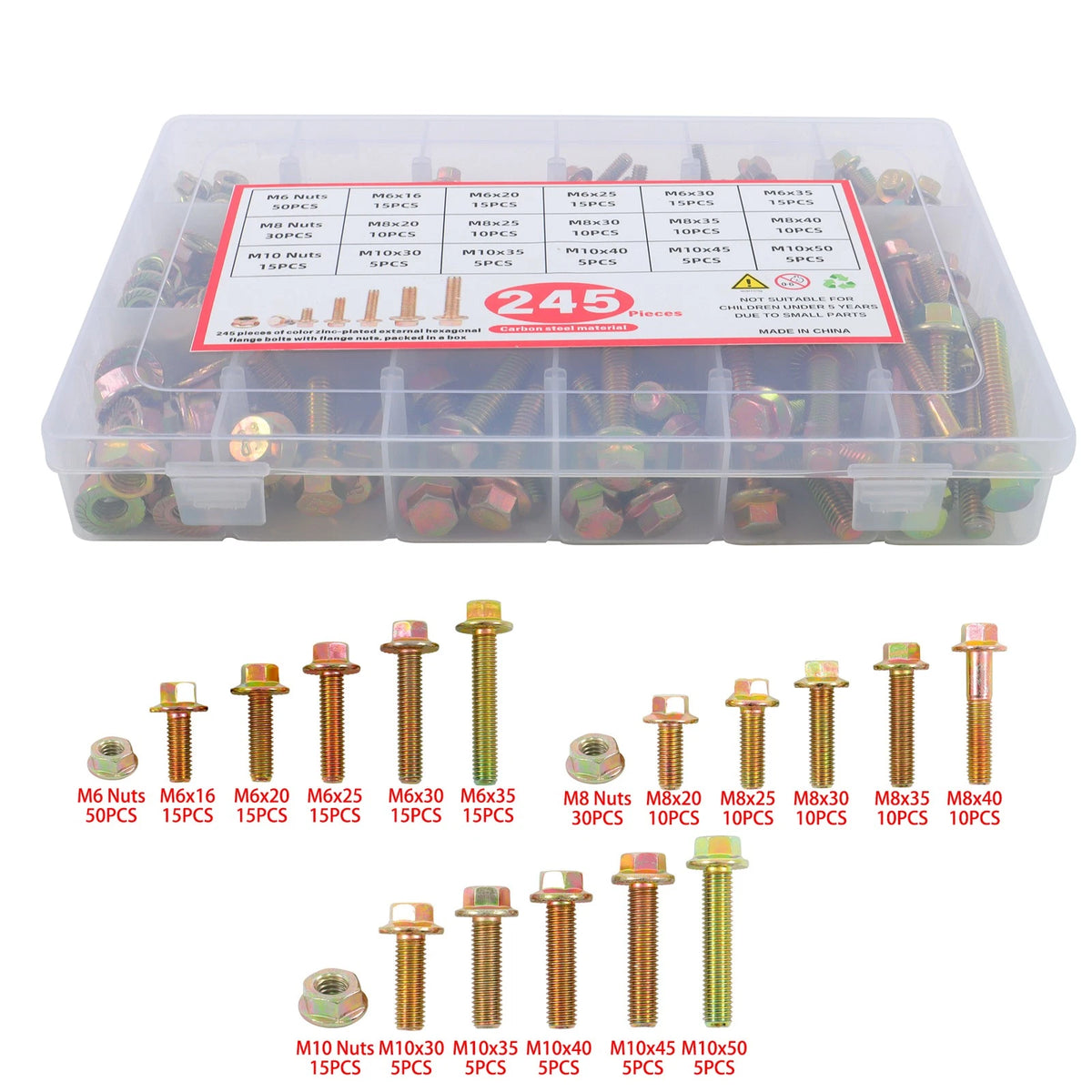 245-Piece Flanged Bolts and Nuts Kit for M6 M8 M10