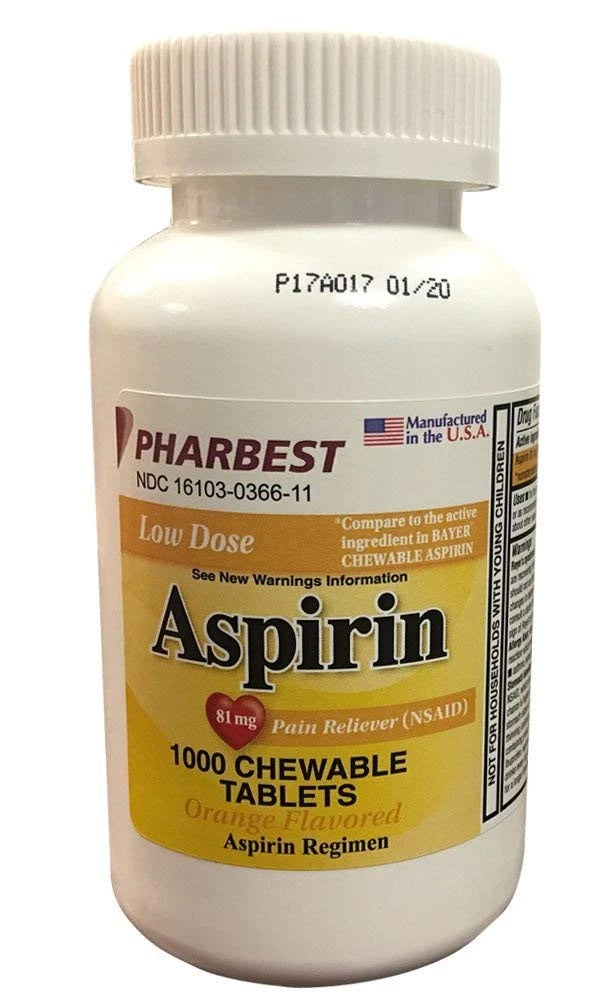 Aspirin 81mg Chewable Orange Tablets (Pack of 1000)