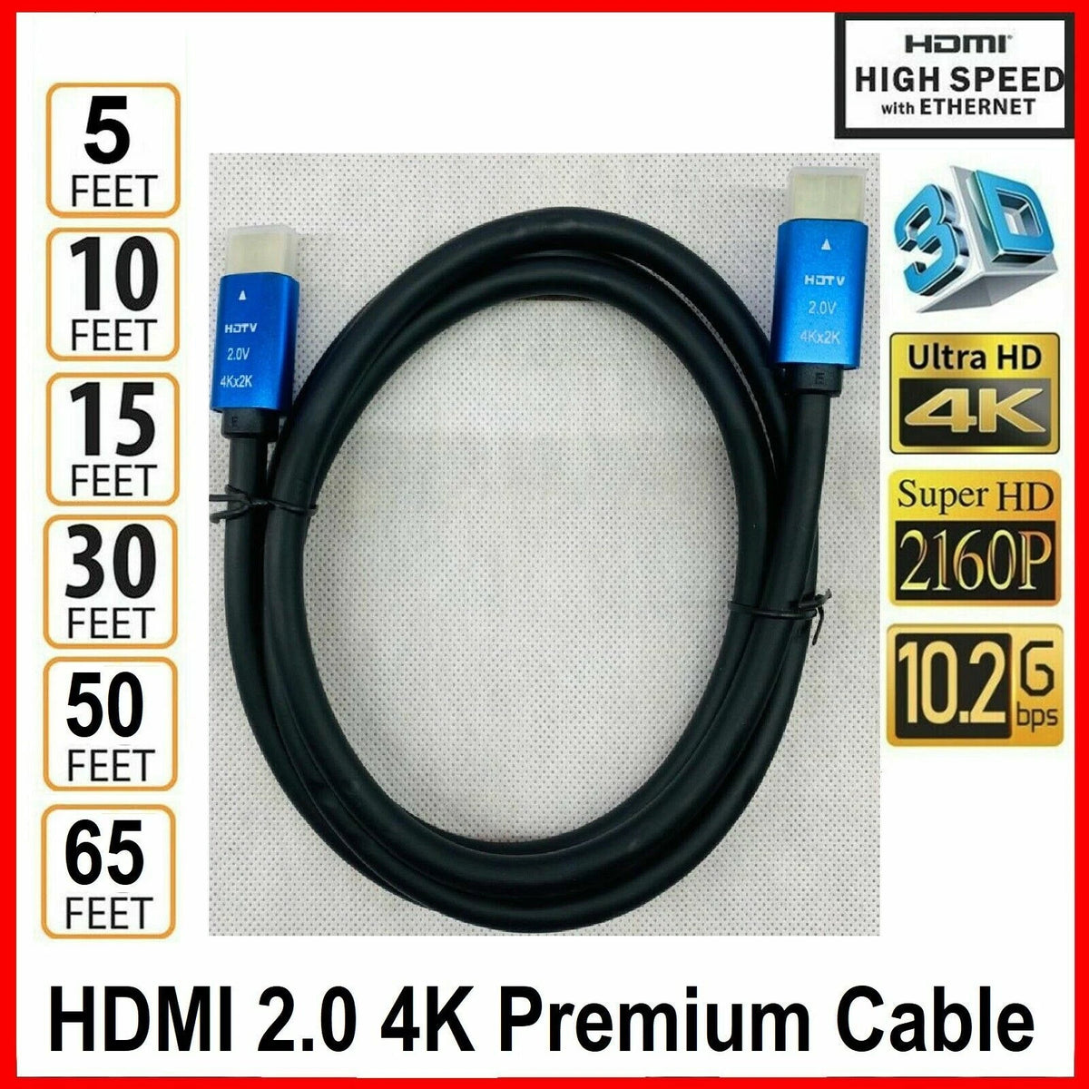 2X HDMI Cable 2.0 for HDTV UHD 4K 3D Audio Return (5, 10, 30, 50 FT)