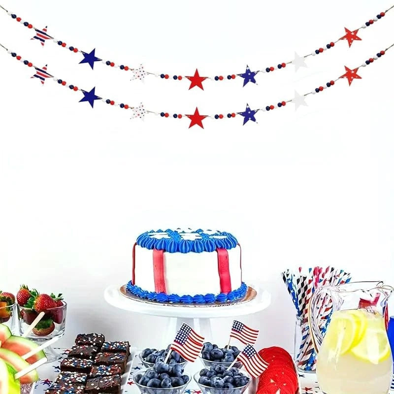 4.9FT Patriotic Wooden Beads Garland with Star Felt Charms