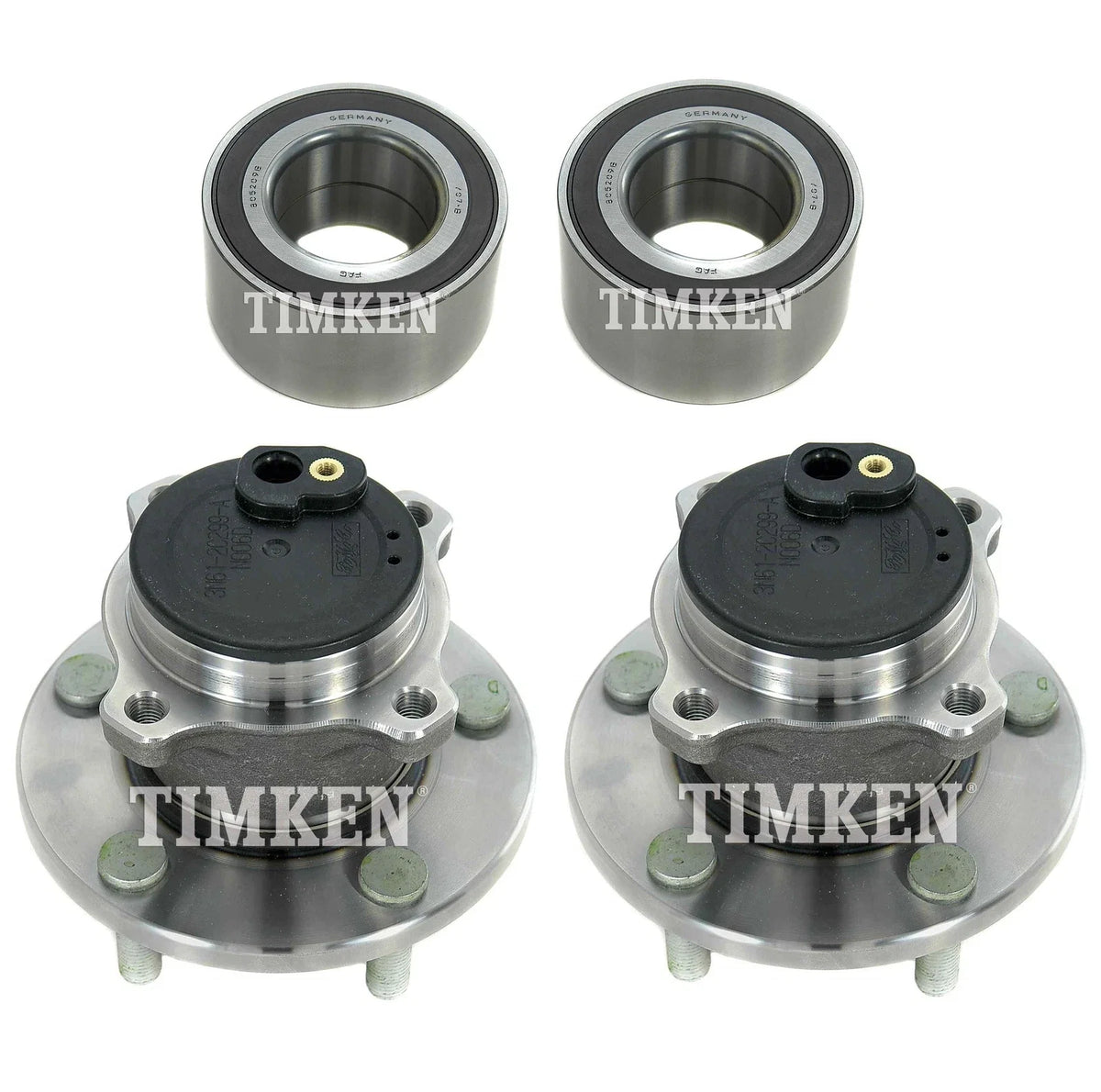 Front & Rear Wheel Bearings & Hubs Kit for Mazda 3 (2005–2008) - Timken