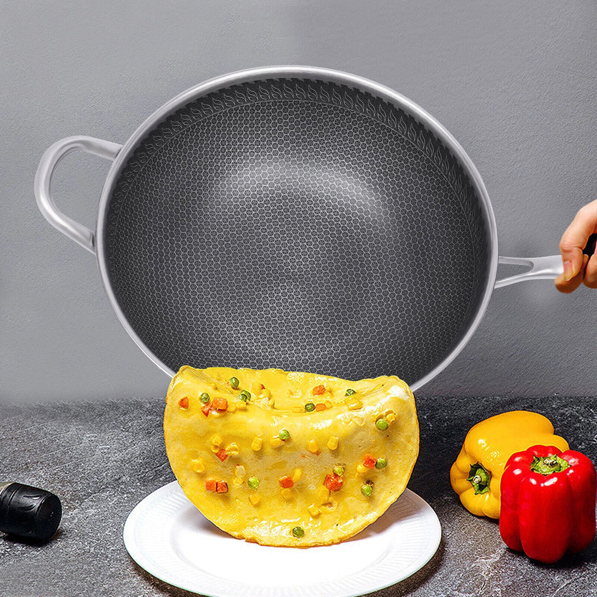 1L Stainless Steel Wok Pan with Lid - Honeycomb Coating
