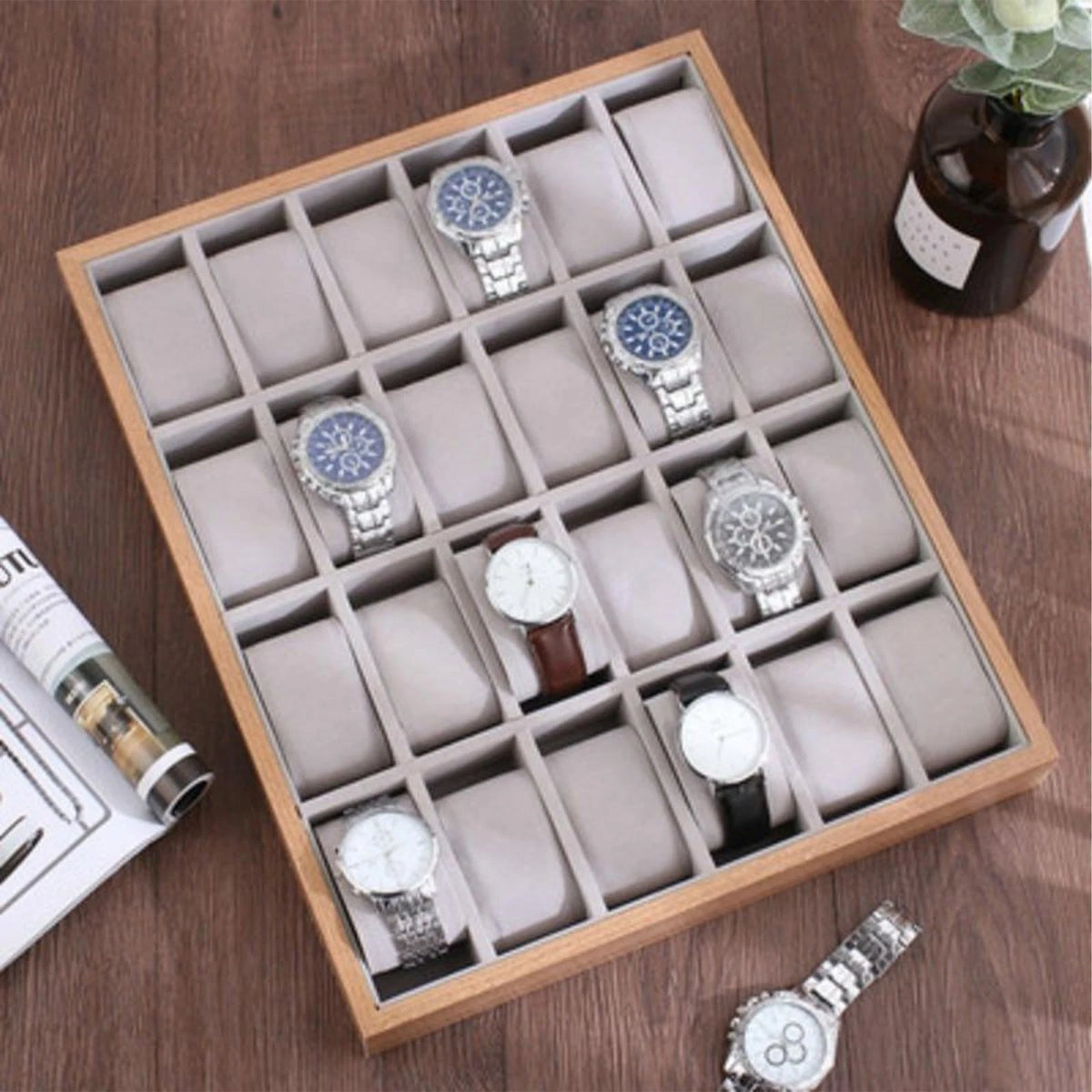 24 Slot Wooden Watch Box Display Case Organizer for Jewelry Storage