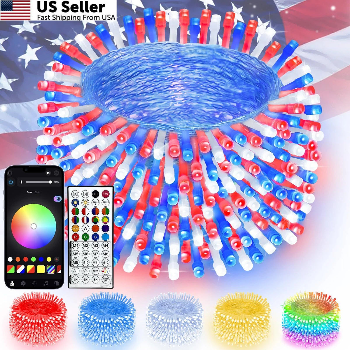 4th of July Color Changing LED Lights with Remote - 200 LED
