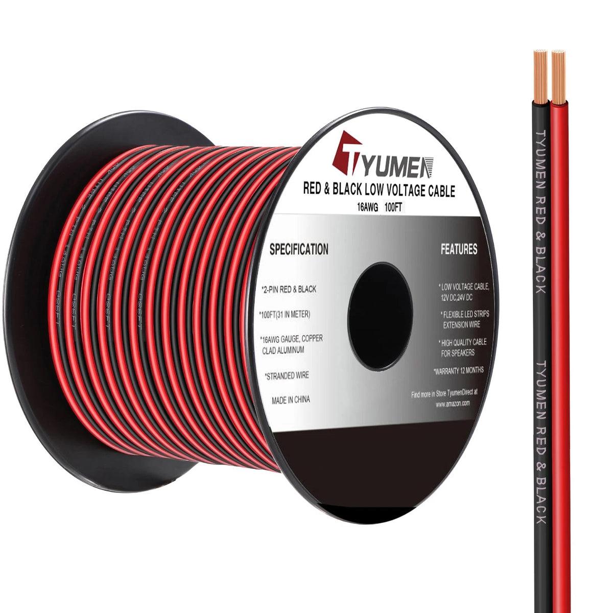16 Gauge Wire 100ft Red Black Electrical Cable for LED DC Extension 12V 24V