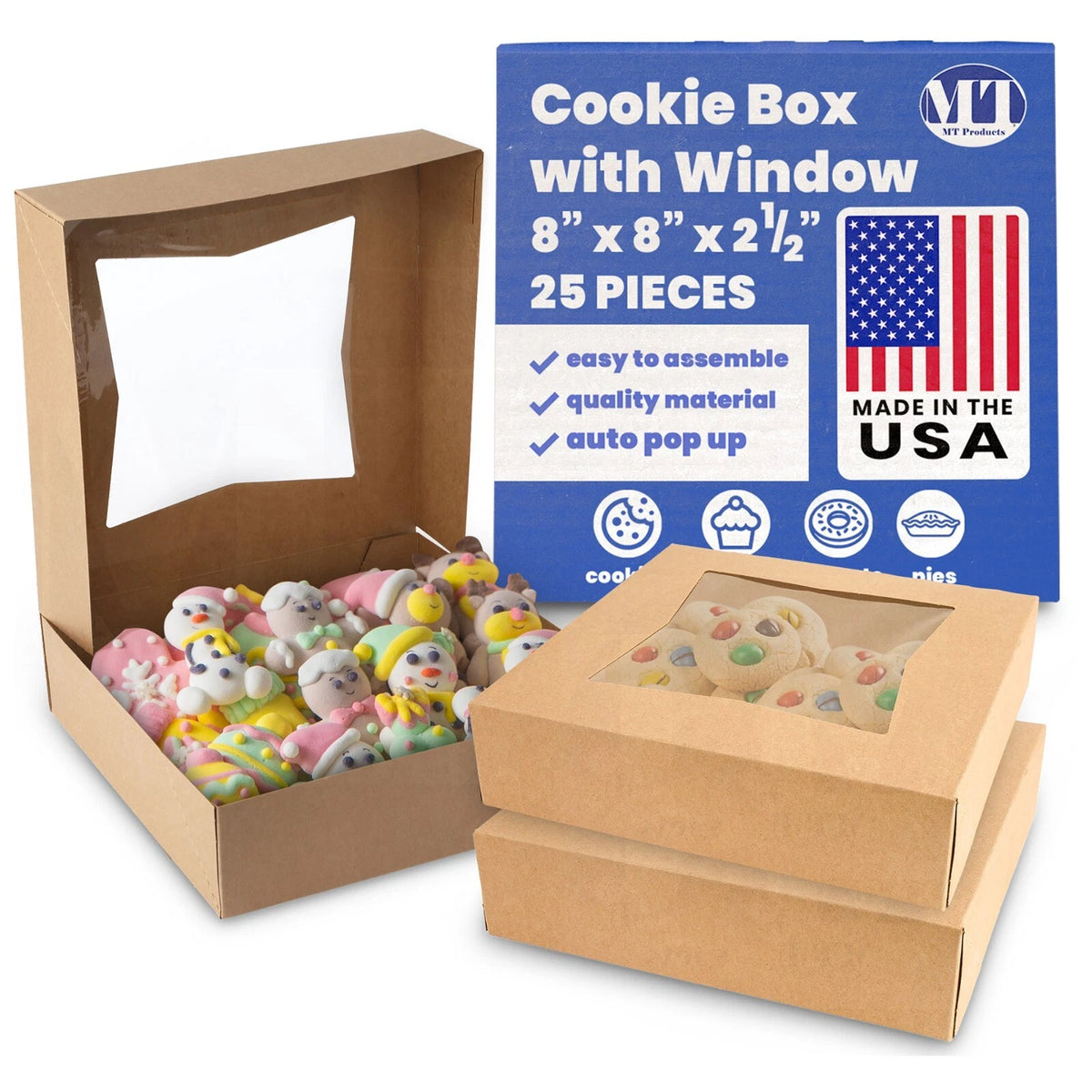 Pack of 25 Bakery Boxes for Cookies 8" x 8" x 2.5"