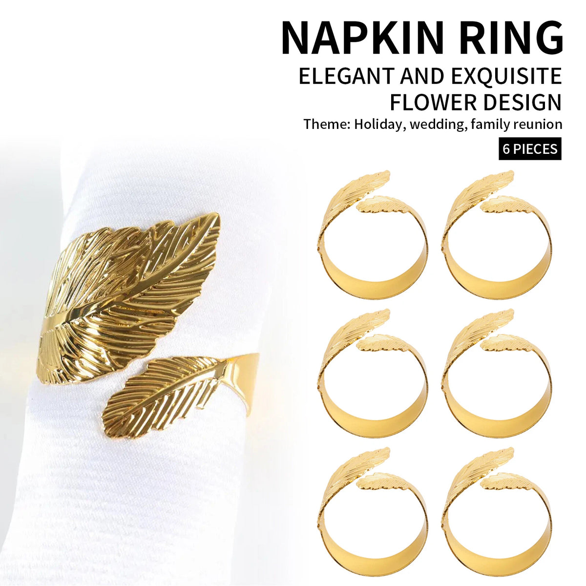 Set of 6 Leaf Napkin Rings for Home Decor